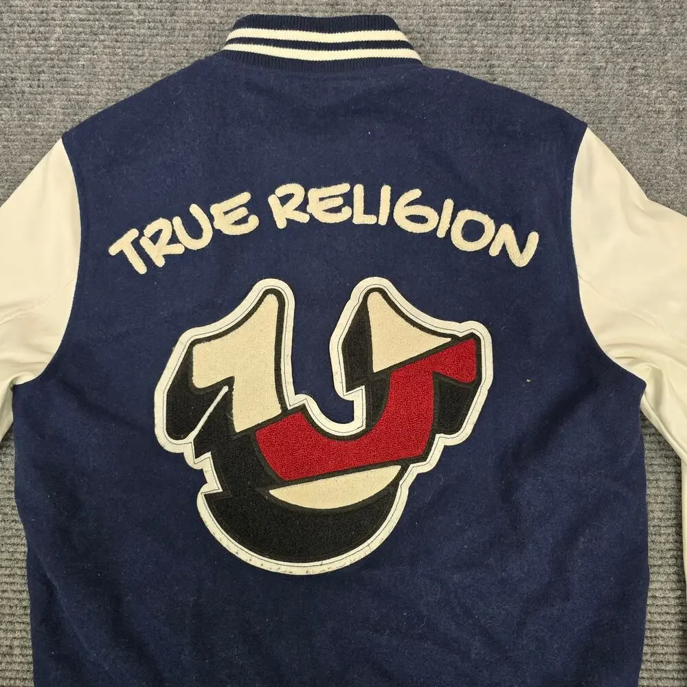 True Religion Varsity Jacket Mens S Navy White HS Patch Chenille NWT Flaw
